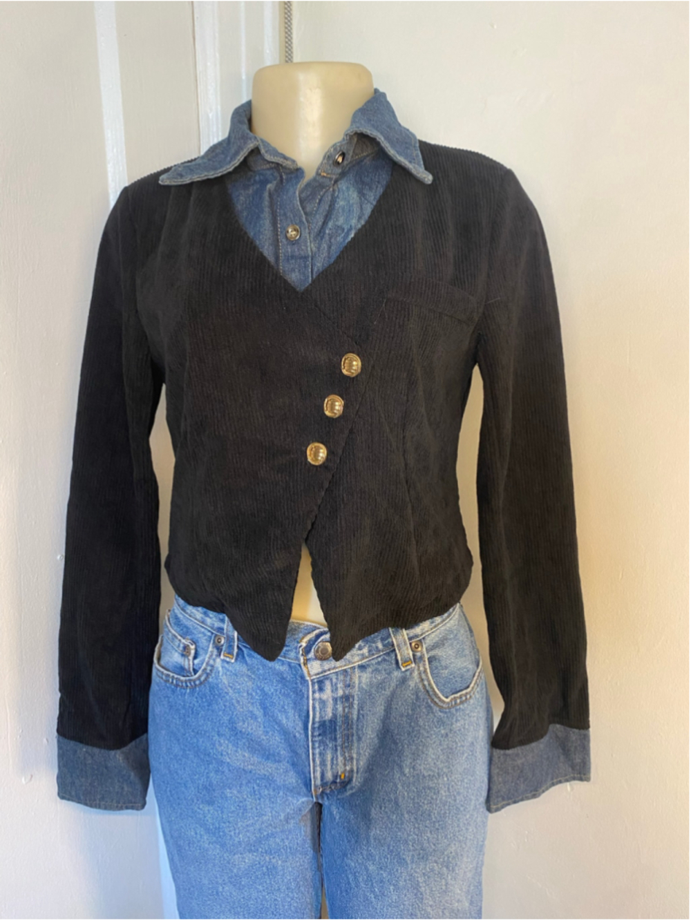 Black corduroy and denim button up blouse